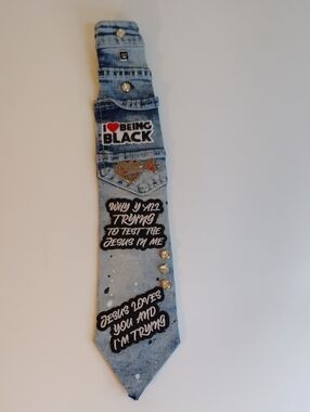Light Wash Denim Statement Tie with Patches